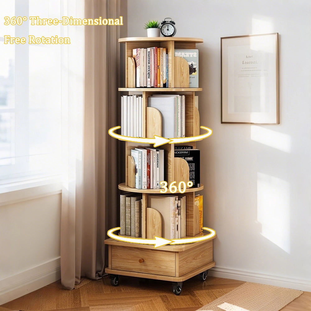 Chic Crate-5-Tier Rotating Bookshelf – 360° Display | Wheels+Drawer | Space-Saver | Bedroom/Living Room/Office | Wood