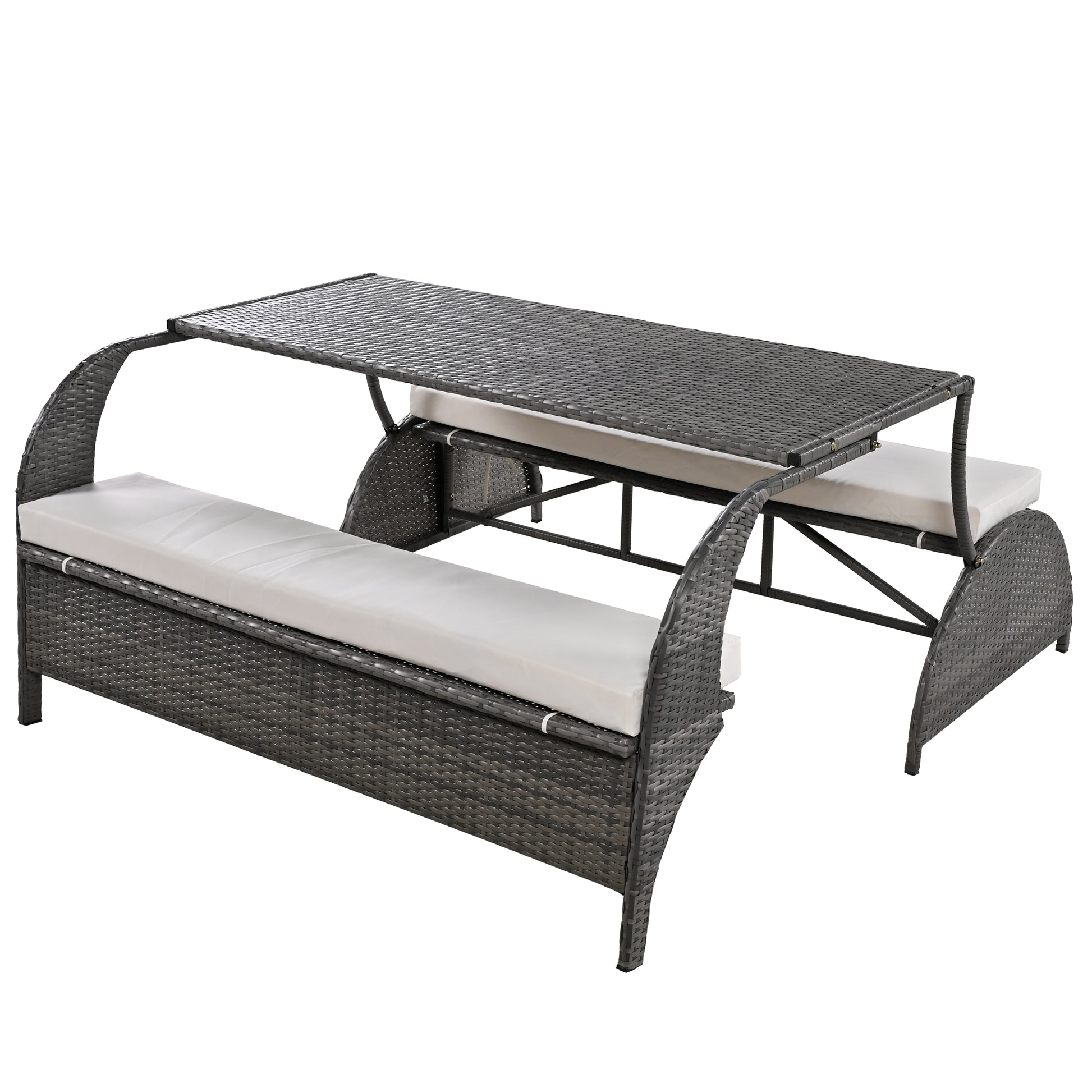 2-in-1 Convertible Picnic Upholstered Bench Table,57.1" Outdoor Loveseat,Portable Picnic Table Couch,Convertible To 4 Seats&1 Table,For Garden,Lawn,Backyard,Porch,Patio