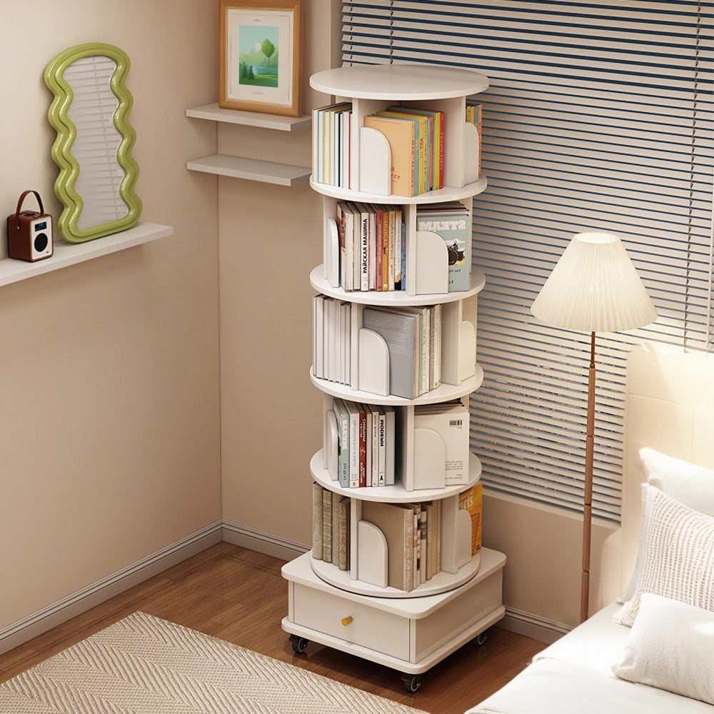 Chic Crate 6-Tier 360° Rotating Bookshelf with Wheels & Drawer, Space-Saving Bookcase for Bedroom & Home Office