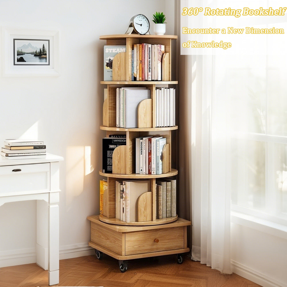 Chic Crate-5-Tier Rotating Bookshelf – 360° Display | Wheels+Drawer | Space-Saver | Bedroom/Living Room/Office | Wood