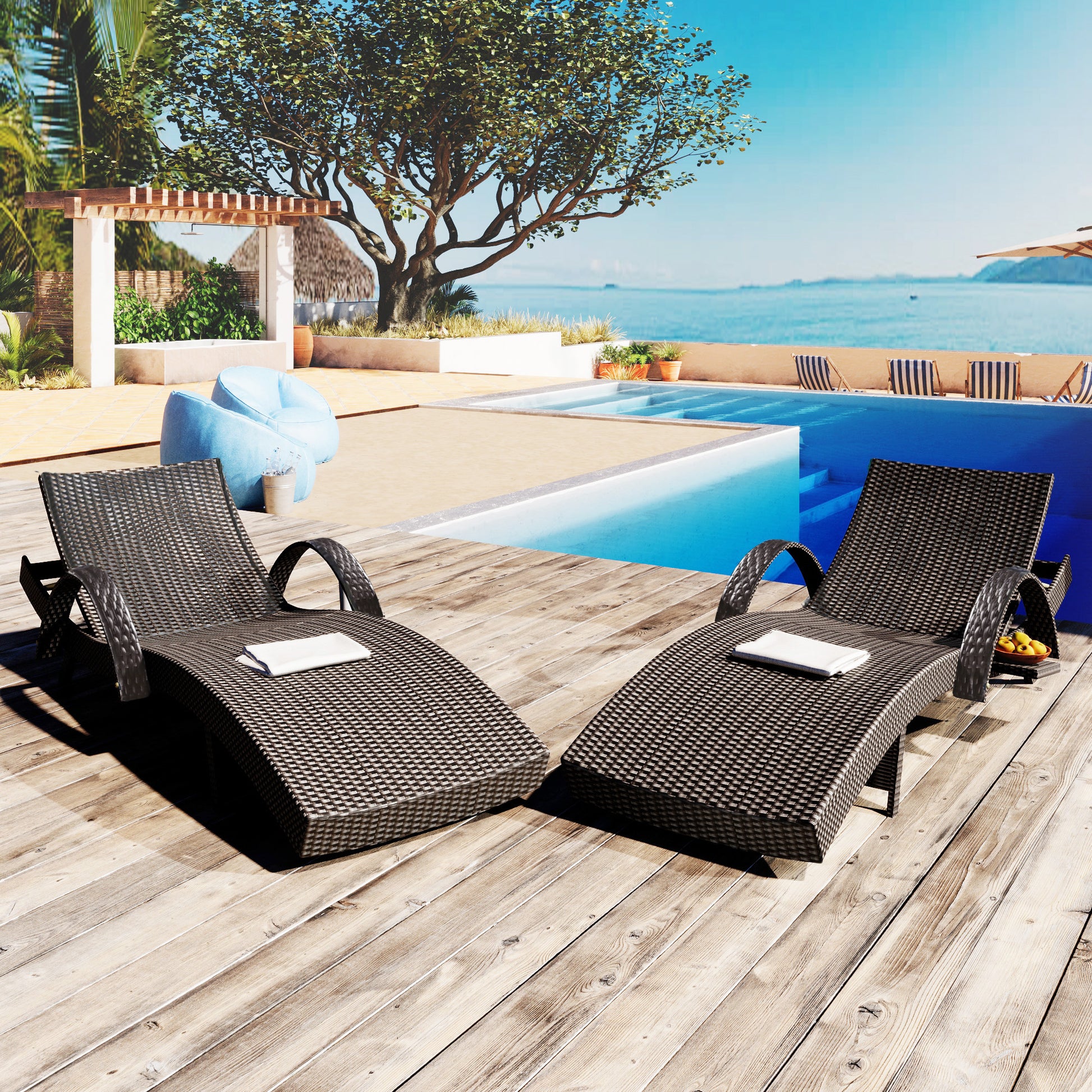 80'' Outdoor Wicker Chaise Lounge Chairs Set of 2, Patio Rattan Reclining Chair Pull-out Side Table Adjustable Backrest Ergonomic Wave Design Pool Sunbathing Recliners, Dark Brown