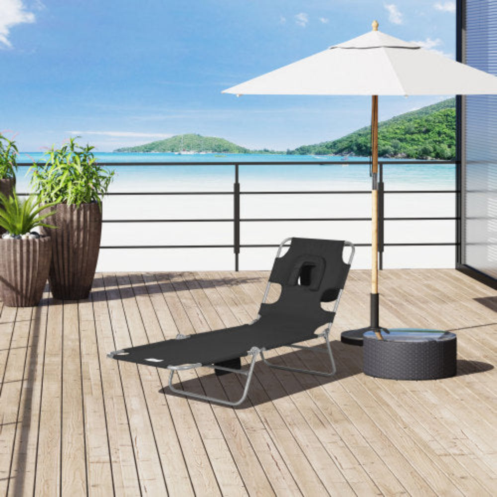 Folding Beach Lounge Chair with Face Hole & Arm Slots, 5-Level Adjustable Tanning Lounger with Pillow for Patio, Garden, Beach & Pool, Black