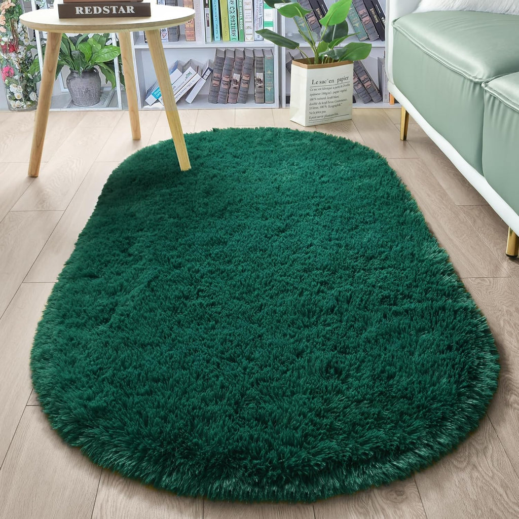 Fluffy Oval Area Rug 2.6 x 5.3 Ft, Soft Fuzzy Shag Carpet for Bedroom Bedside, Non-Slip Plush Shaggy Rug