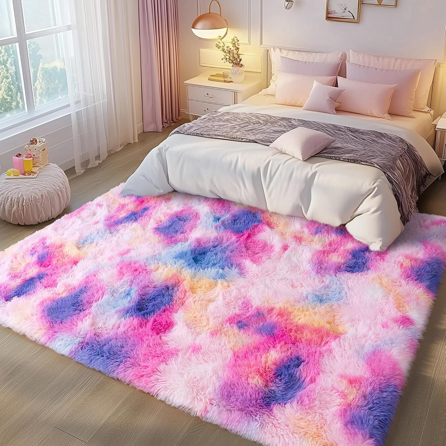 5x7ft Soft Fluffy Rainbow Area Rug, Non-Slip Shag Carpet for Living Room Bedroom, Plush Rug for Home Dorm Decor