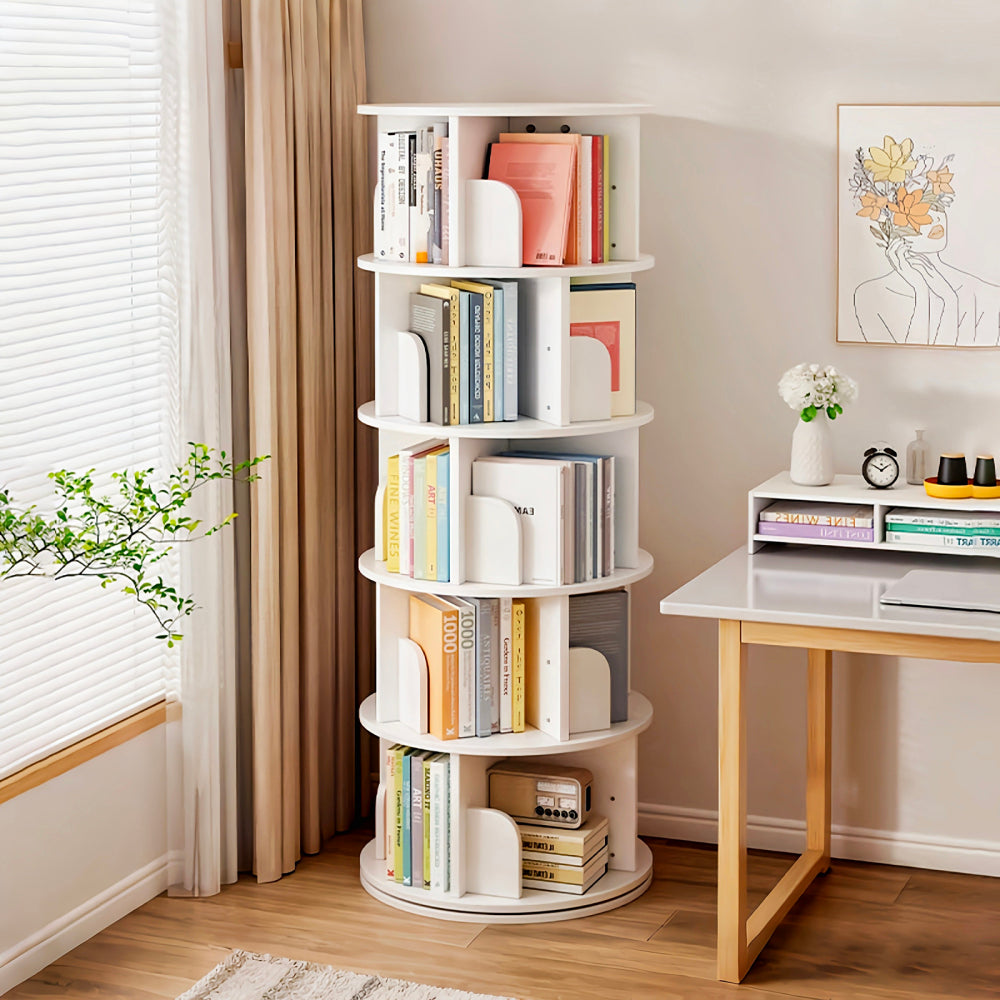 Chic Crate-5-Tier Rotating Bookshelf – 360° Display | Space-Saver | Warm White | Bedroom/Living Room/Office