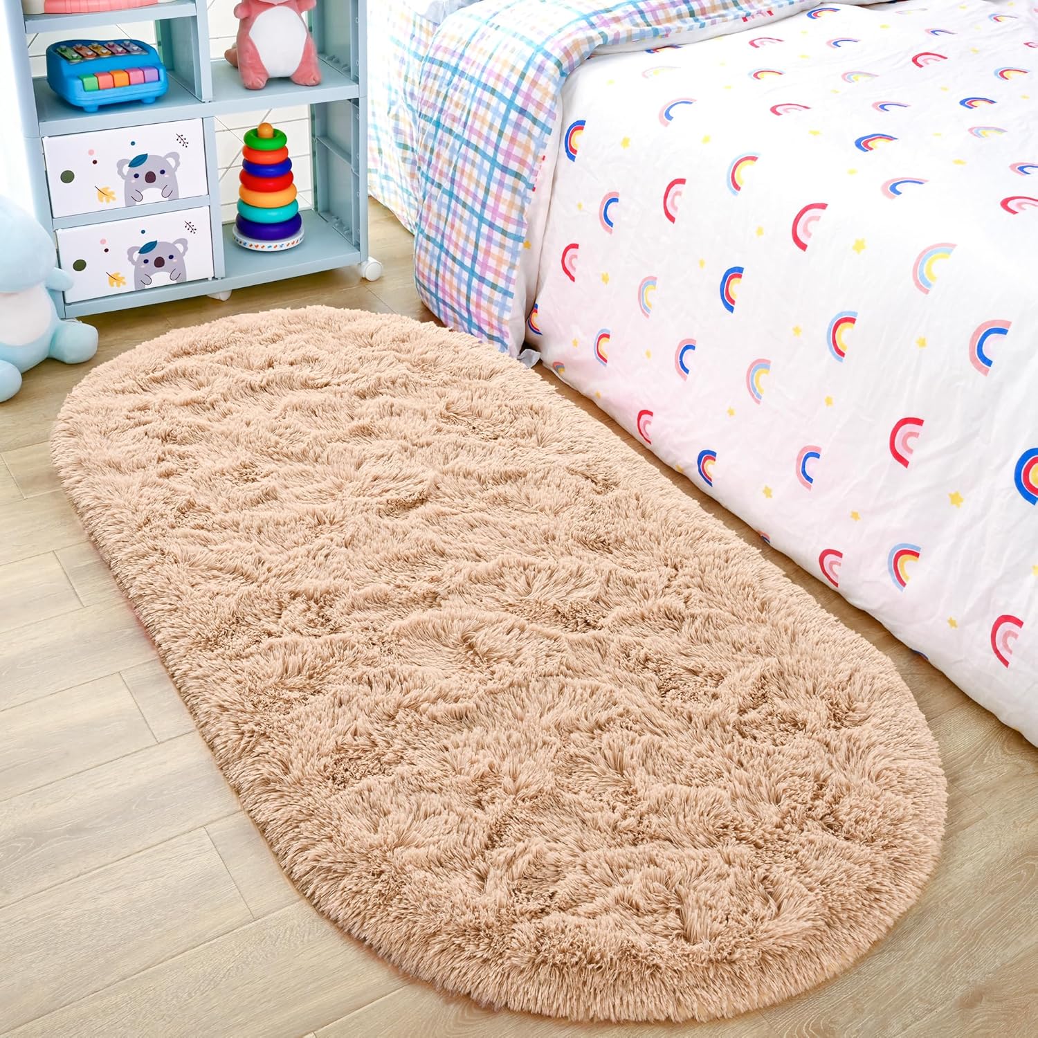 Fluffy Oval Area Rug 2.6 x 5.3 Ft, Soft Fuzzy Shag Carpet for Bedroom Bedside, Non-Slip Plush Shaggy Rug