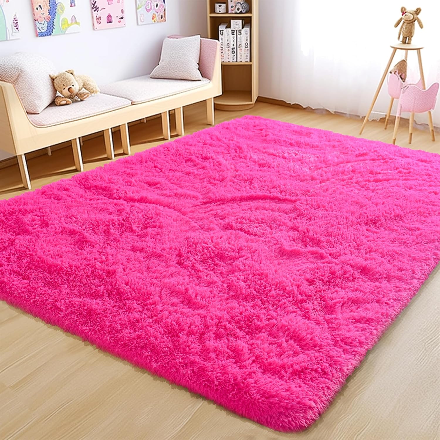 Blush Pink Shag Rug, Ultra Soft 1.7" Thick, Non-Slip, 100% Polyester, Modern Decor for Bedroom