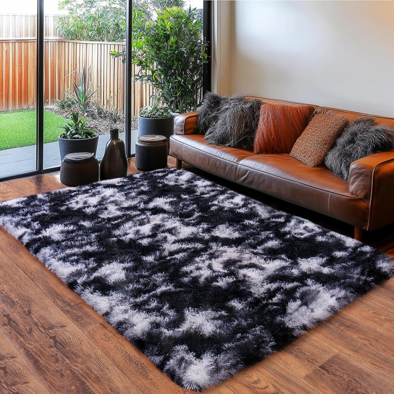 Tie-Dyed Gray Shag Rug, Ultra Soft 1.7" Plush, Non-Slip, 100% Polyester for Bedroom or Living Room