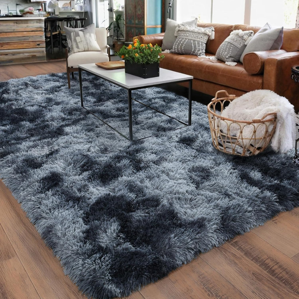 Tie-Dyed Gray Shag Rug, Ultra Soft 1.7" Plush, Non-Slip, 100% Polyester for Bedroom or Living Room