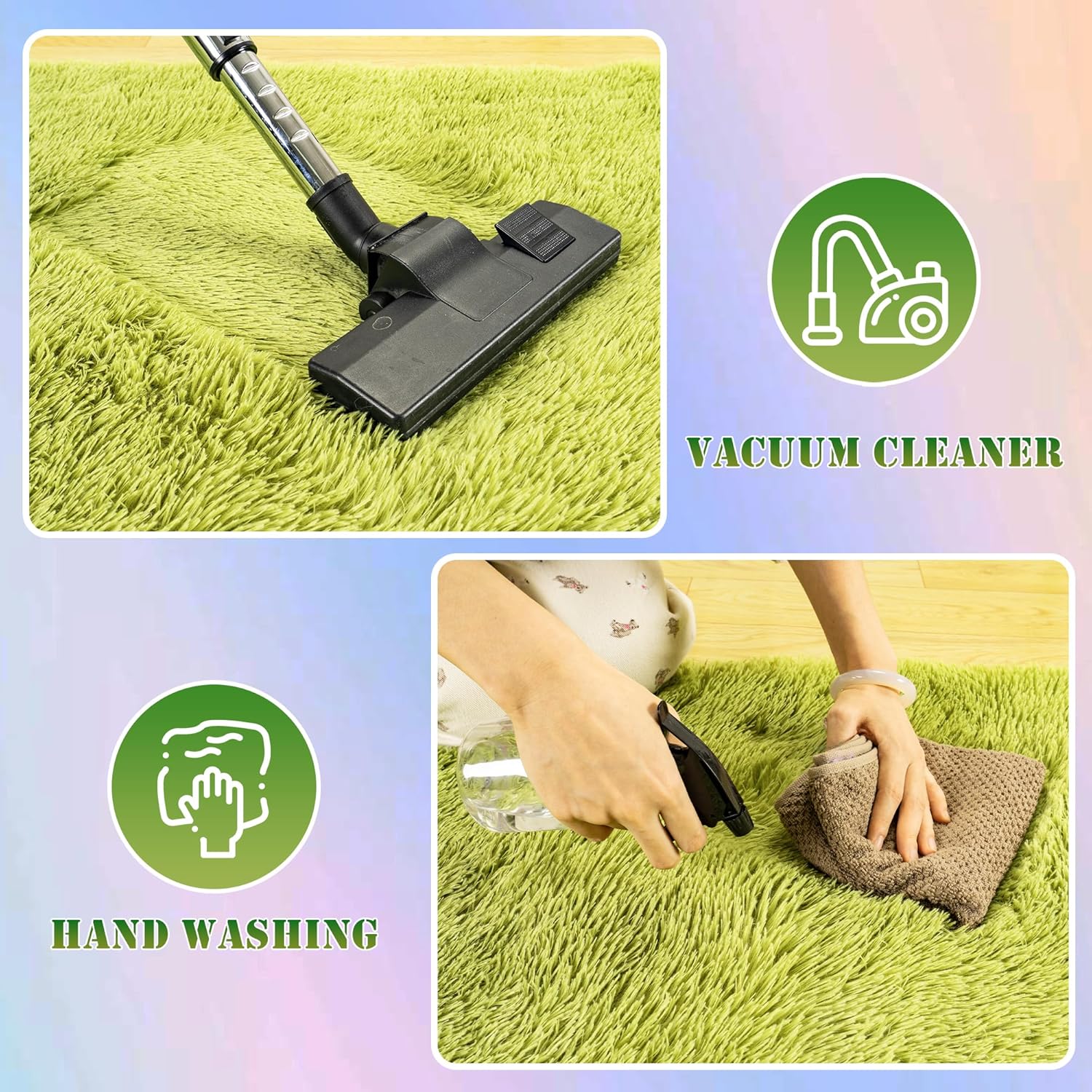 Grass Green Fluffy Shag Area Rug with Non-Slip Base & 4 Reusable Stickers, Soft Plush Mat