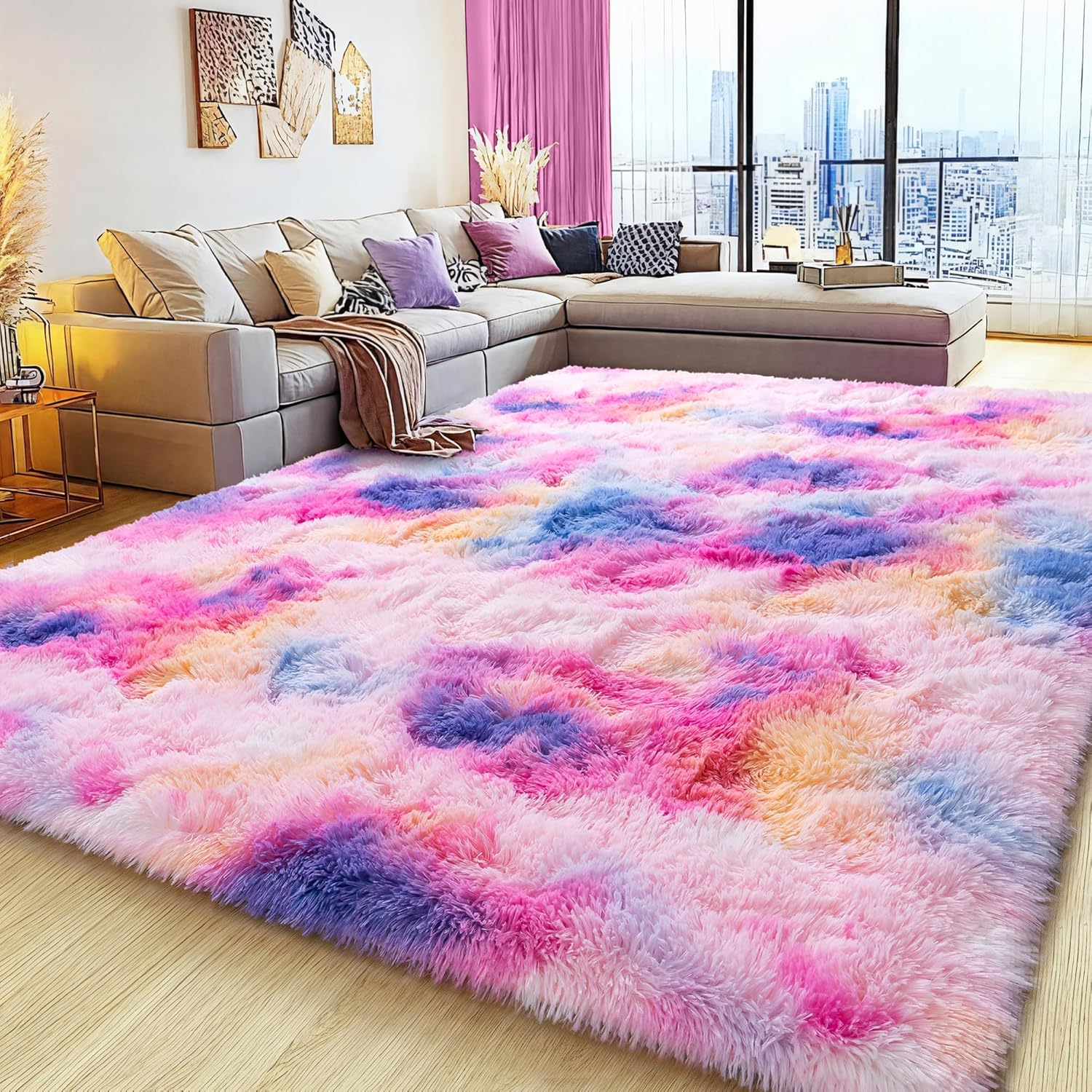 5x7ft Soft Fluffy Rainbow Area Rug, Non-Slip Shag Carpet for Living Room Bedroom, Plush Rug for Home Dorm Decor