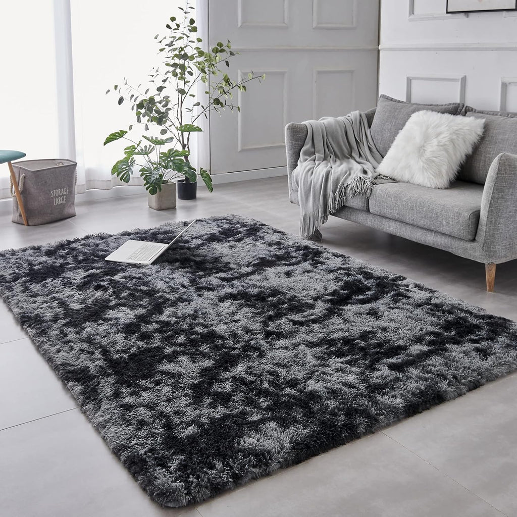 Tie-Dyed Gray Shag Rug, Ultra Soft 1.7" Plush, Non-Slip, 100% Polyester for Bedroom or Living Room