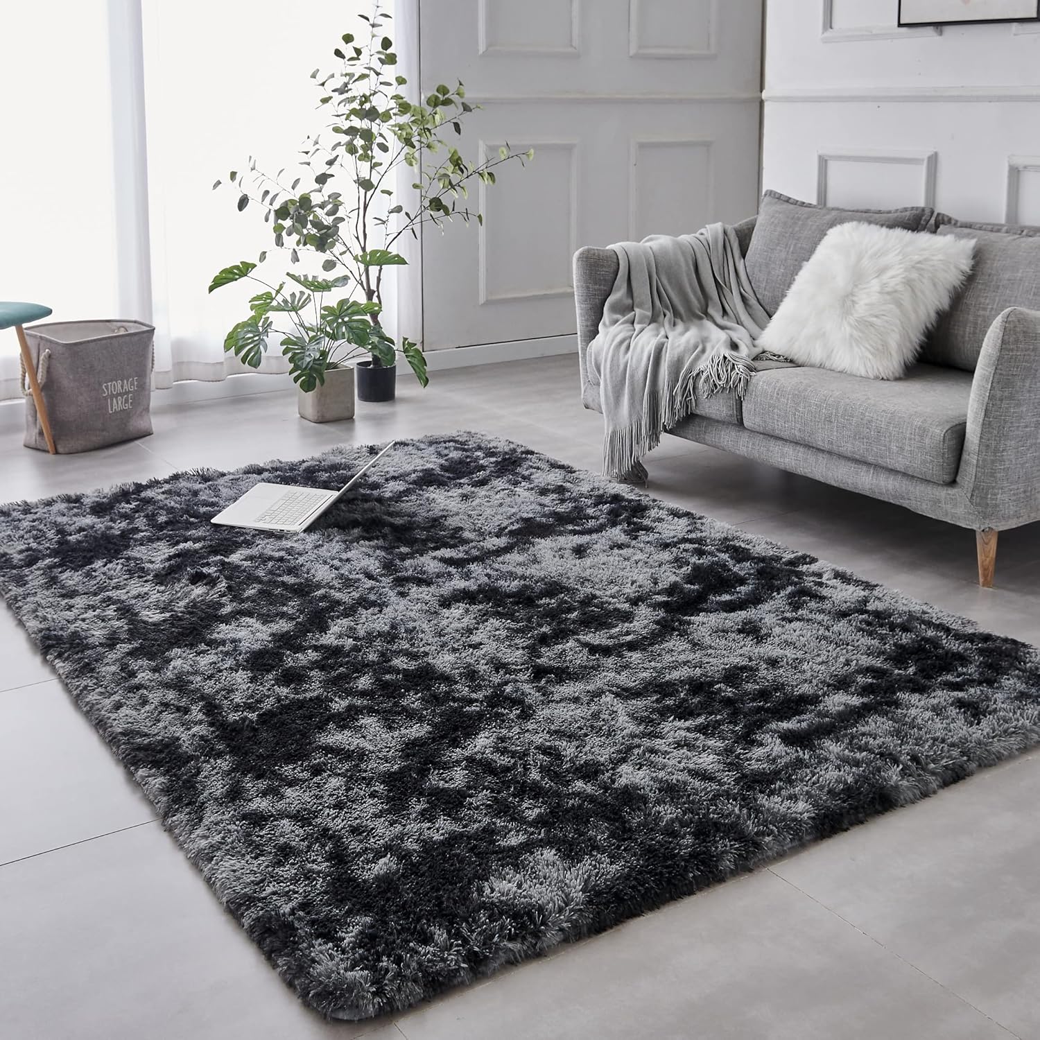 Tie-Dyed Gray Shag Rug, Ultra Soft 1.7" Plush, Non-Slip, 100% Polyester for Bedroom or Living Room