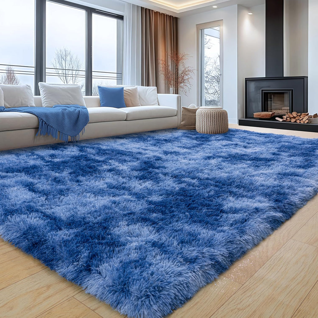 Extra Large Plush Shag Area Rug, 1.7" Thick Ultra Soft Non-Slip Tie-Dye Peacock Blue Mat