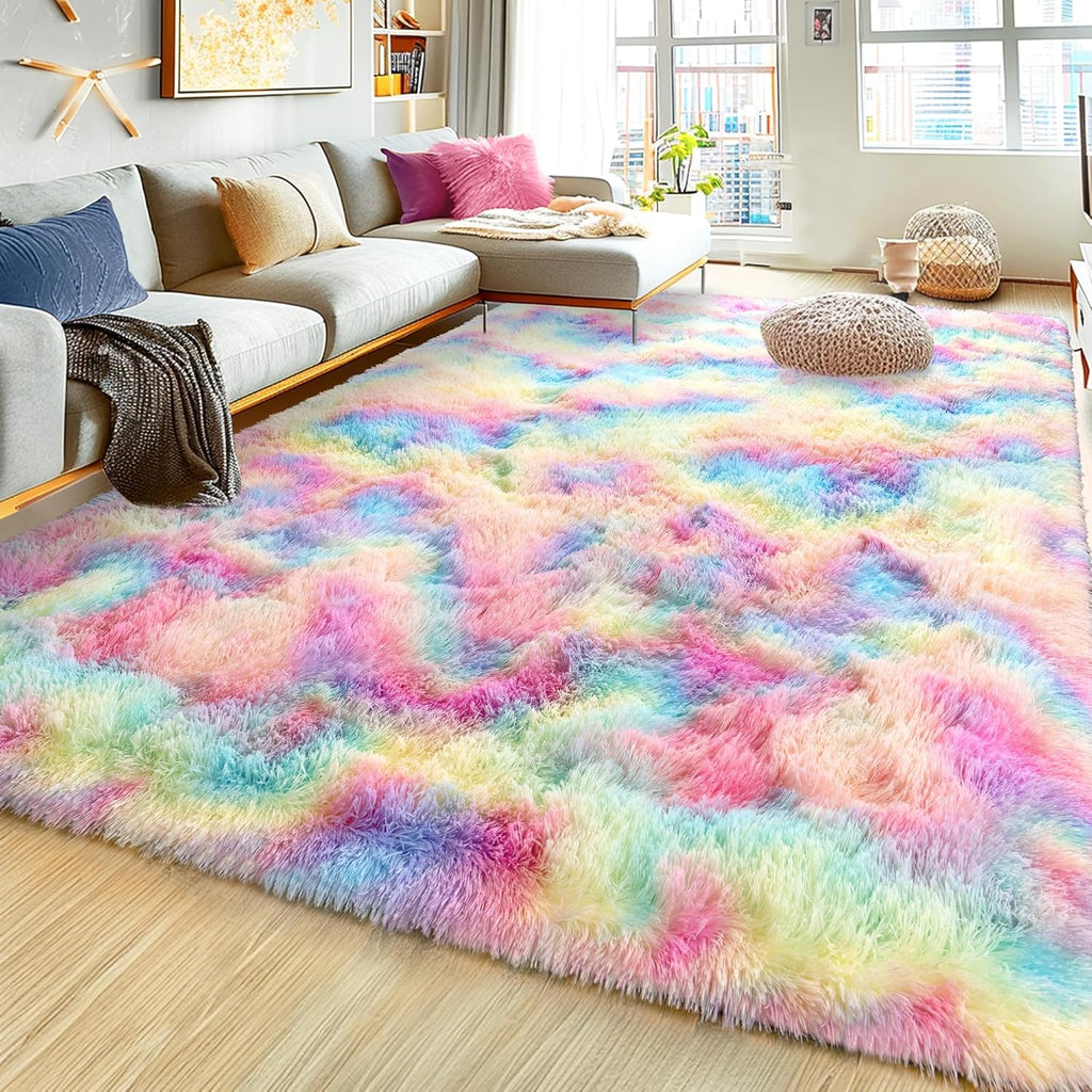 5x7ft Soft Fluffy Rainbow Area Rug, Non-Slip Shag Carpet for Living Room Bedroom, Plush Rug for Home Dorm Decor