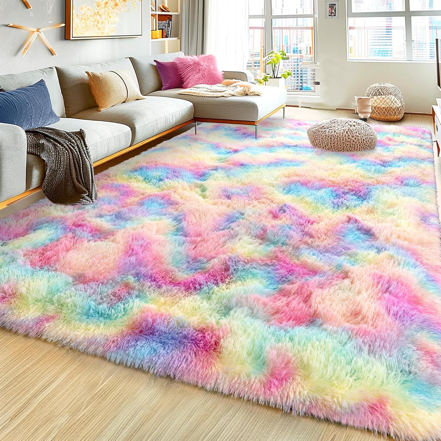 5x7ft Soft Fluffy Rainbow Area Rug, Non-Slip Shag Carpet for Living Room Bedroom, Plush Rug for Home Dorm Decor