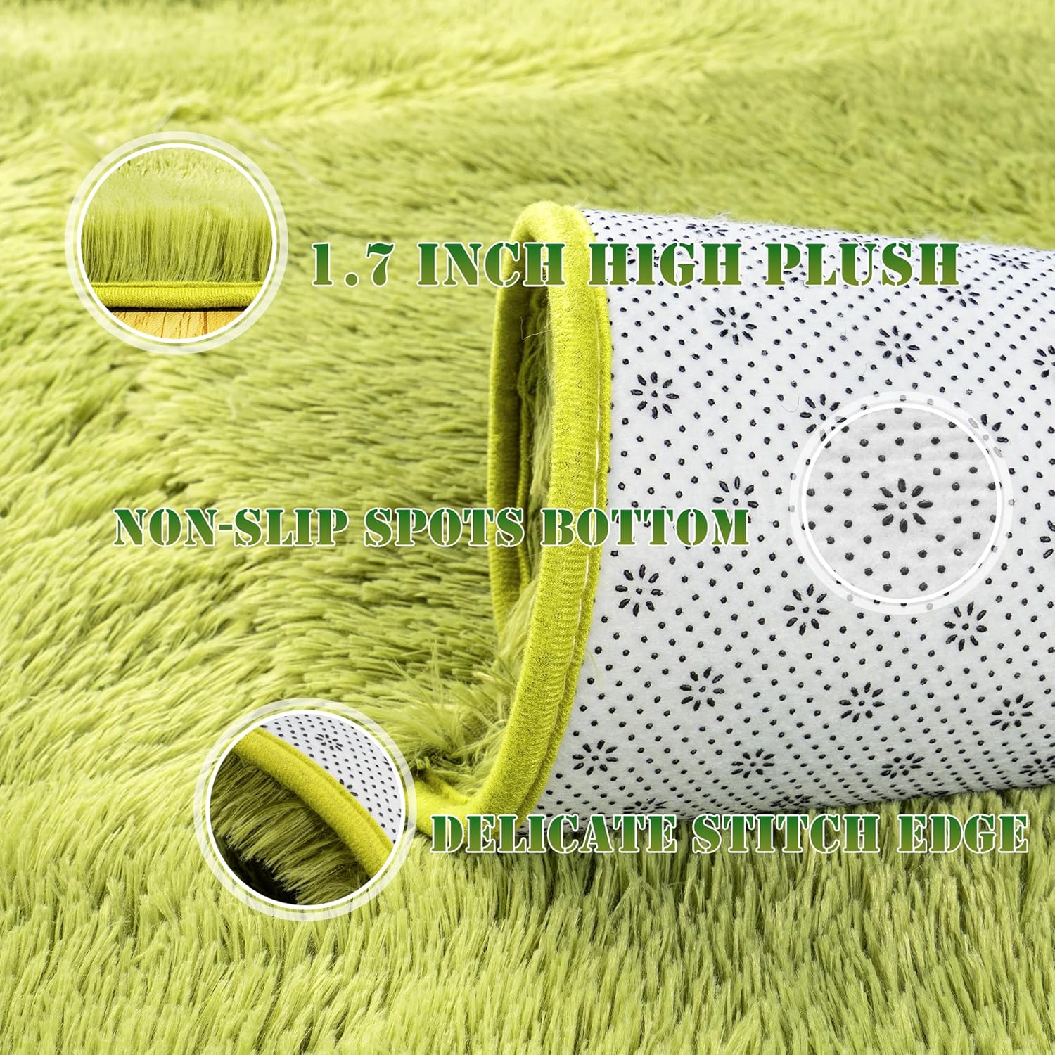Grass Green Fluffy Shag Area Rug with Non-Slip Base & 4 Reusable Stickers, Soft Plush Mat