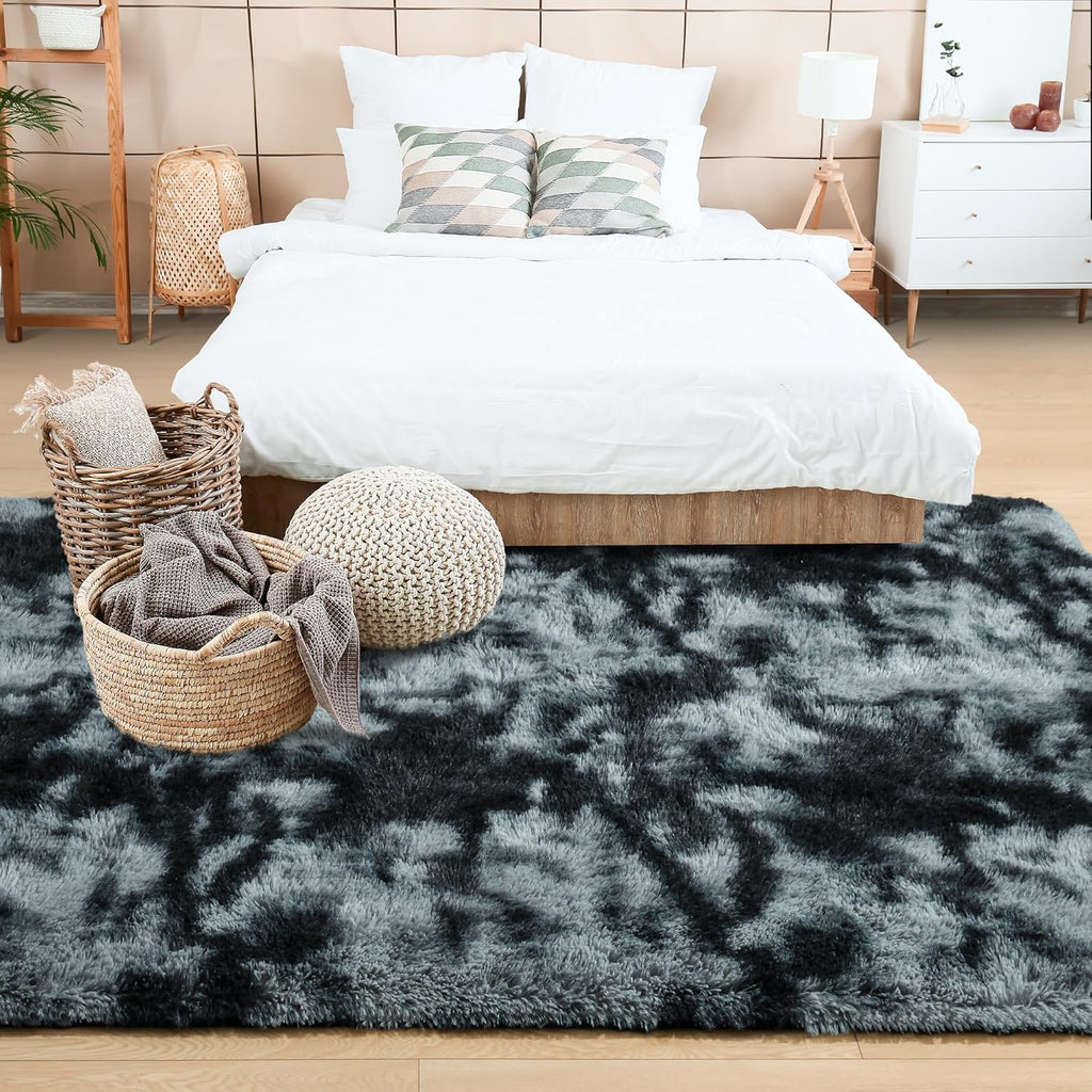 Extra Large Plush Shag Area Rug, 1.7" Thick Ultra Soft Non-Slip Tie-Dye Peacock Blue Mat
