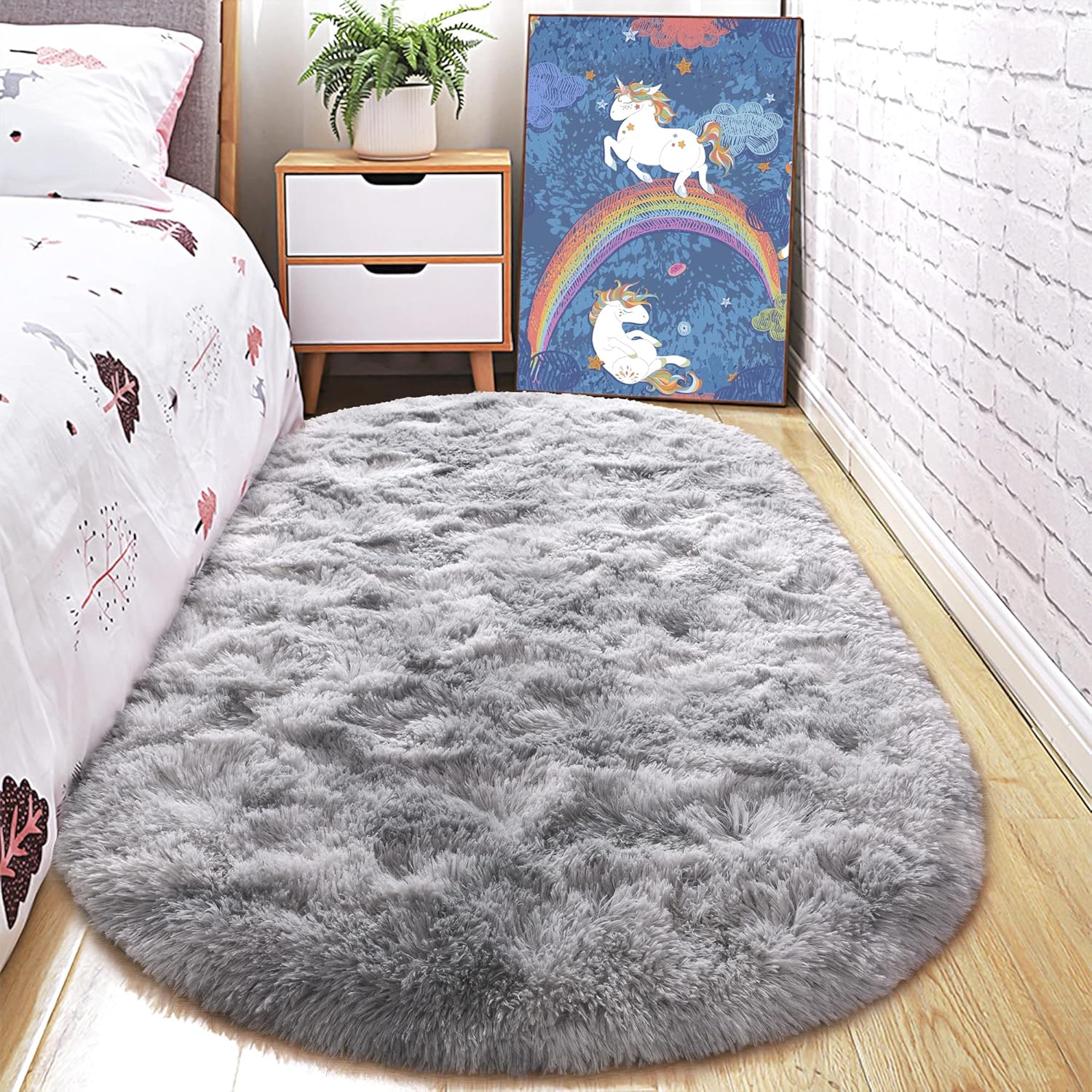 Fluffy Oval Area Rug 2.6 x 5.3 Ft, Soft Fuzzy Shag Carpet for Bedroom Bedside, Non-Slip Plush Shaggy Rug