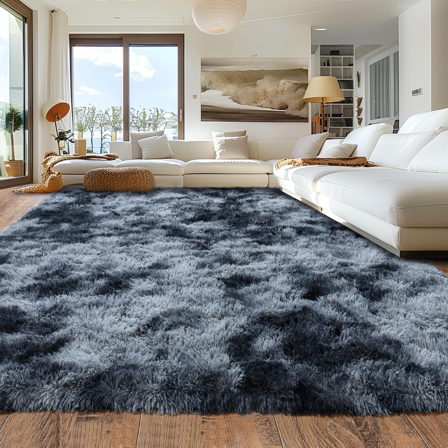 Extra Large Plush Shag Area Rug, 1.7" Thick Ultra Soft Non-Slip Tie-Dye Peacock Blue Mat