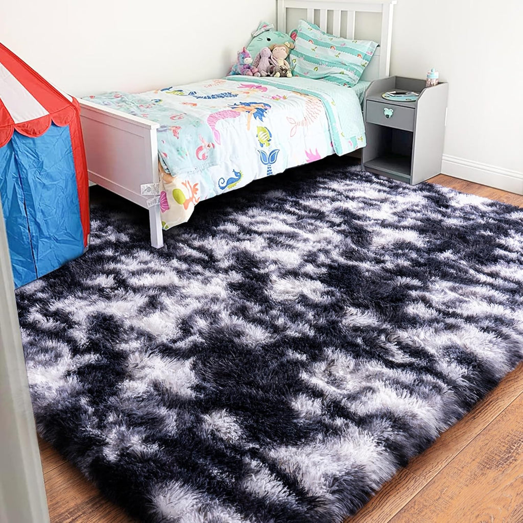Tie-Dyed Gray Shag Rug, Ultra Soft 1.7" Plush, Non-Slip, 100% Polyester for Bedroom or Living Room
