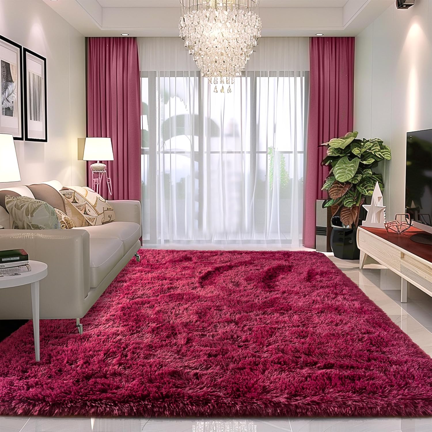 Blush Pink Shag Rug, Ultra Soft 1.7" Thick, Non-Slip, 100% Polyester, Modern Decor for Bedroom