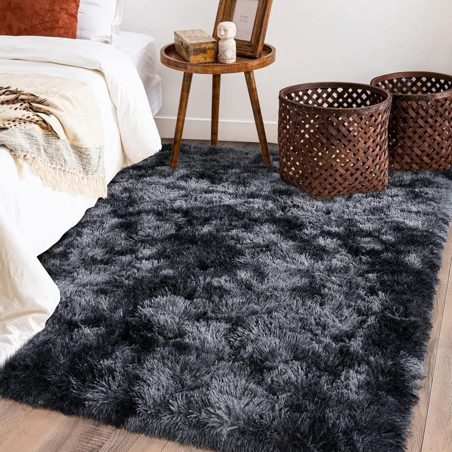 Tie-Dyed Gray Shag Rug, Ultra Soft 1.7" Plush, Non-Slip, 100% Polyester for Bedroom or Living Room