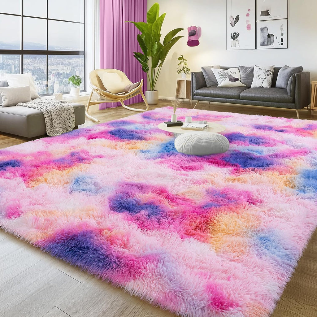 5x7ft Soft Fluffy Rainbow Area Rug, Non-Slip Shag Carpet for Living Room Bedroom, Plush Rug for Home Dorm Decor