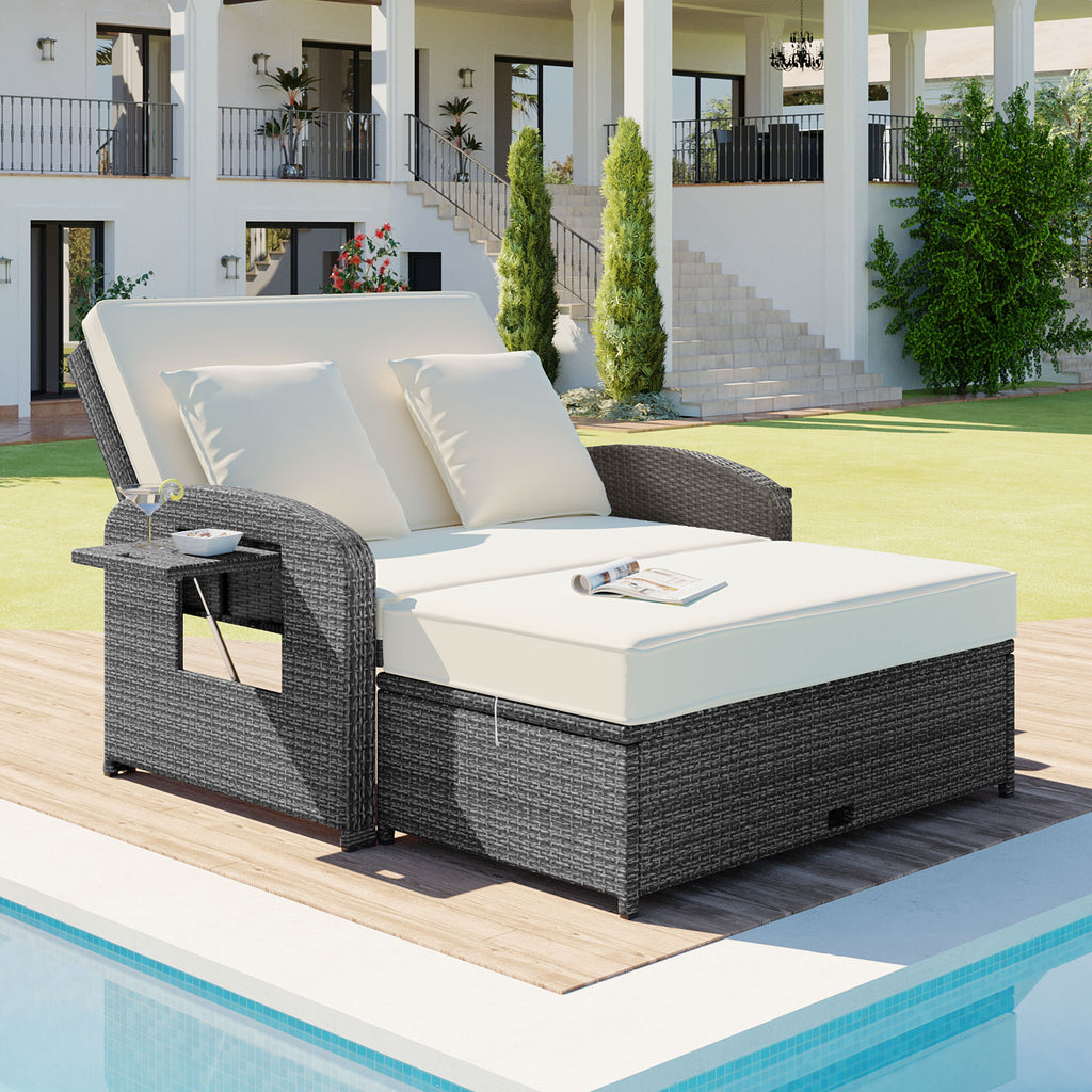 PE Wicker Rattan Double Chaise Lounge, 2-Person Reclining Daybed with Adjustable Back and Cushions, Free Furniture Protection Cover