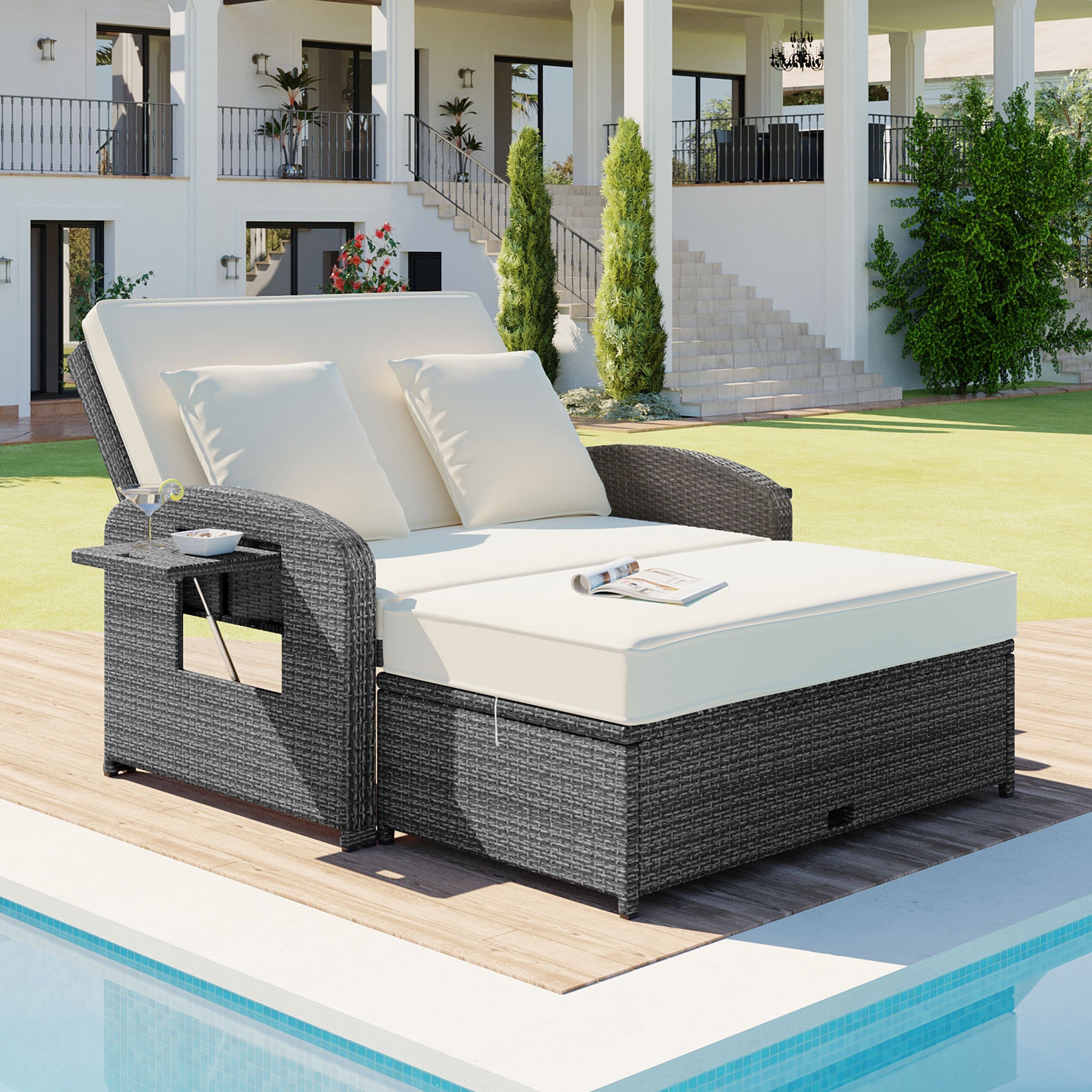 PE Wicker Rattan Double Chaise Lounge, 2-Person Reclining Daybed with Adjustable Back and Cushions, Free Furniture Protection Cover
