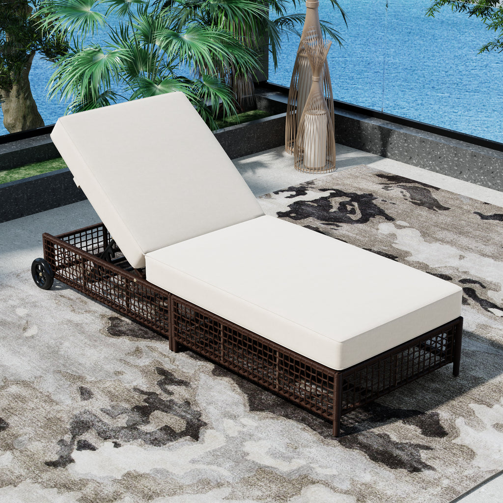 Outdoor Lounge Chair Set of 2, Patio Chaise Lounge with 5-Position Backrest, Rattan Outdoor Lounge Chair with Cushion and Wheels for Poolside, Backyard, Garden