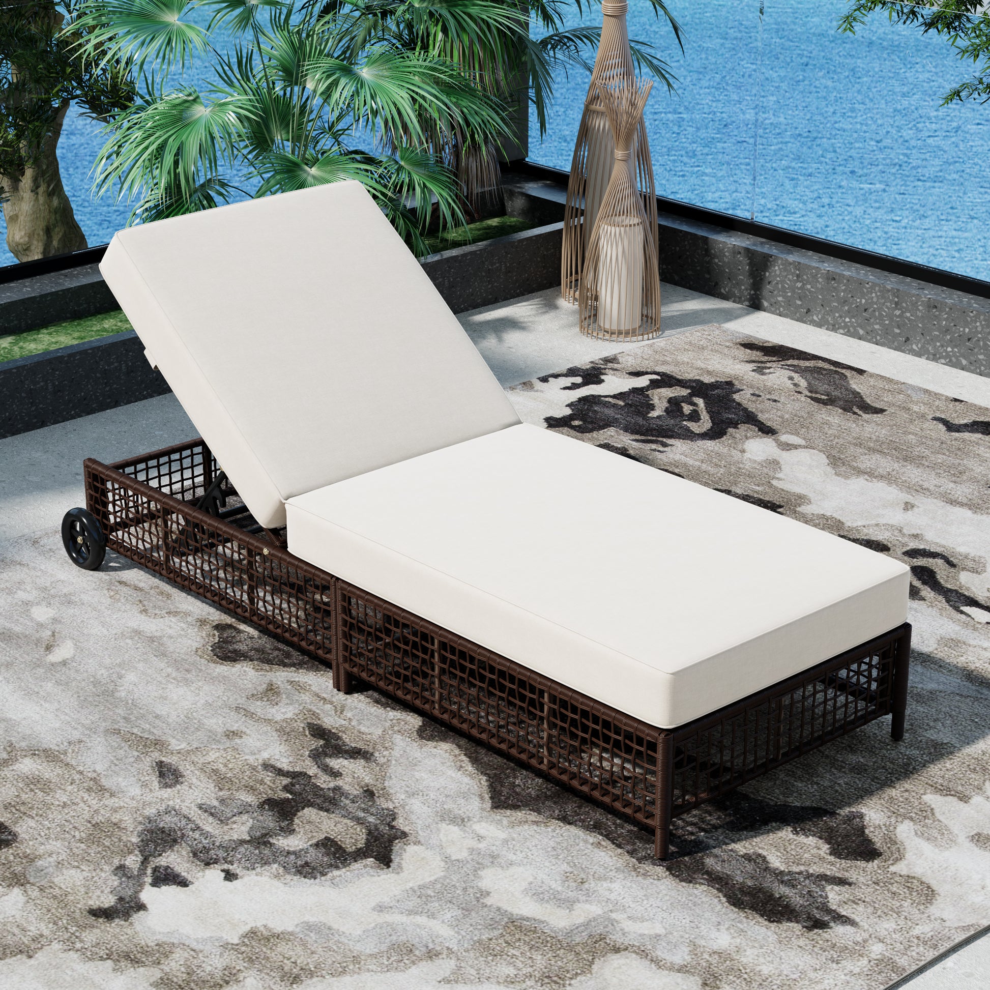 Outdoor Lounge Chair Set of 2, Patio Chaise Lounge with 5-Position Backrest, Rattan Outdoor Lounge Chair with Cushion and Wheels for Poolside, Backyard, Garden