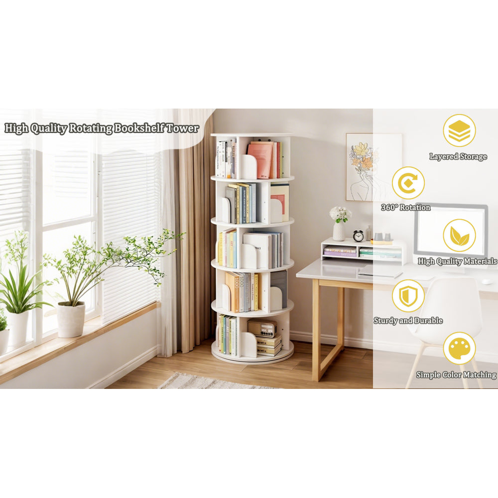 Chic Crate-5-Tier Rotating Bookshelf – 360° Display | Space-Saver | Warm White | Bedroom/Living Room/Office