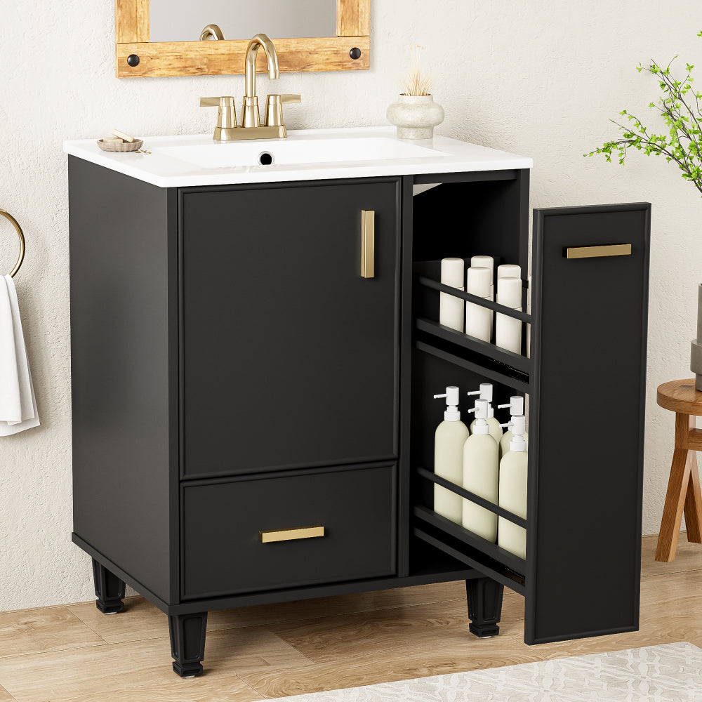 Chic Crate-24" Modern Bathroom Vanity – Sink & Deep Drawer | 2-Tier Pull-Out Basket | Solid Wood Frame | Black