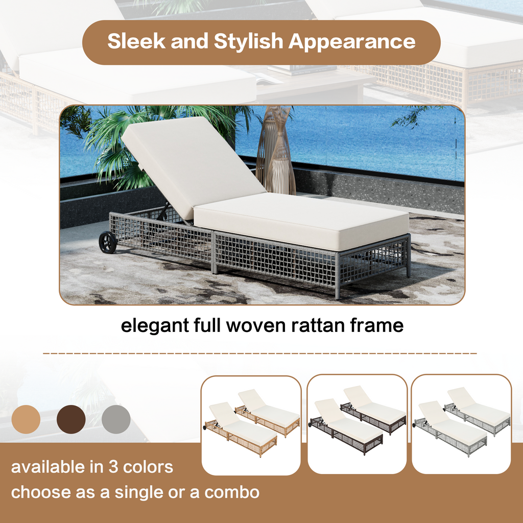 Outdoor Lounge Chair Set of 2, Patio Chaise Lounge with 5-Position Backrest, Rattan Outdoor Lounge Chair with Cushion and Wheels for Poolside, Backyard, Garden