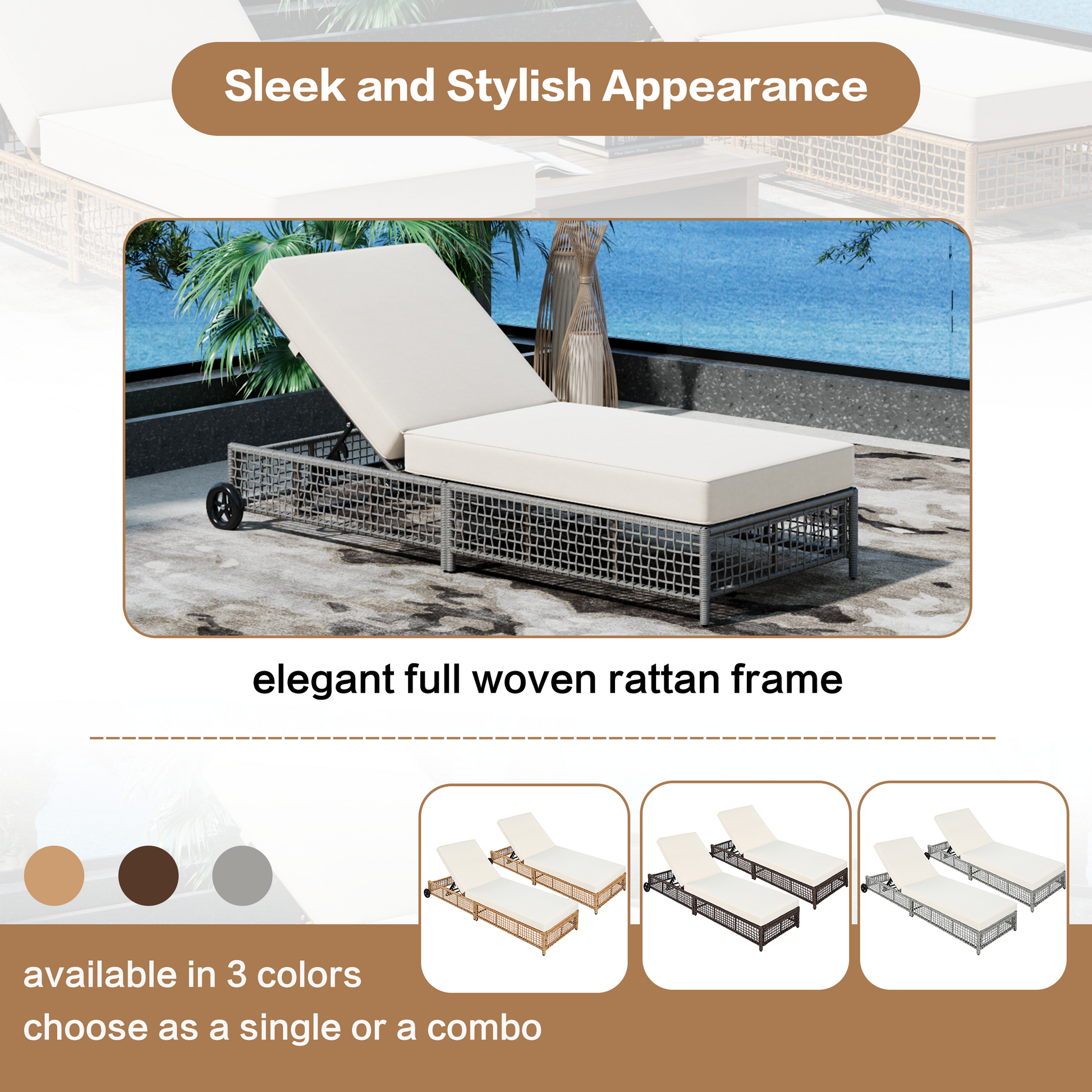 Outdoor Lounge Chair Set of 2, Patio Chaise Lounge with 5-Position Backrest, Rattan Outdoor Lounge Chair with Cushion and Wheels for Poolside, Backyard, Garden
