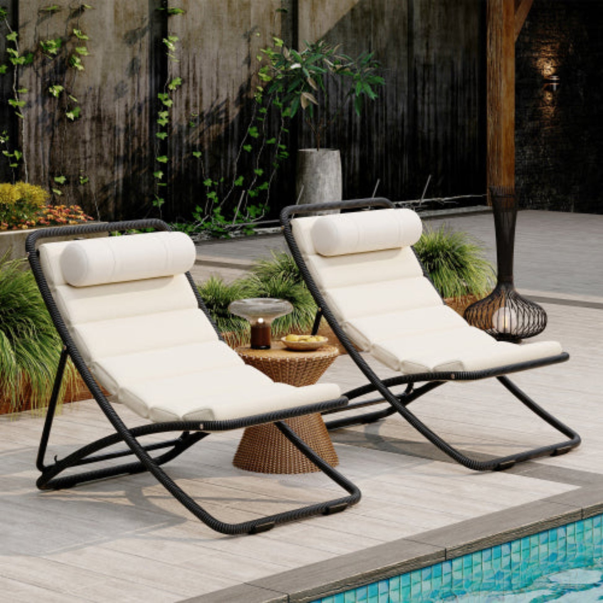 2-Pieces Outdoor Folding Rattan Chair with Adjustable Backrest for Patio Beach and Camping