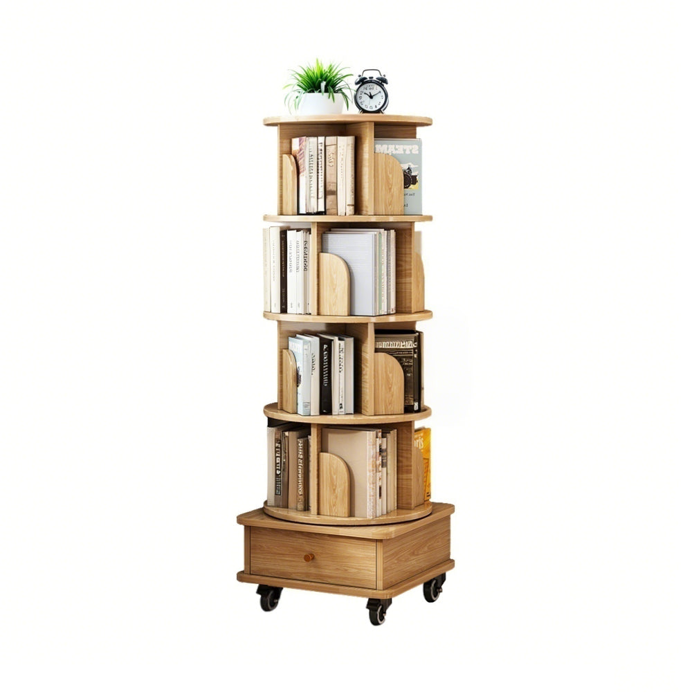 Chic Crate-5-Tier Rotating Bookshelf – 360° Display | Wheels+Drawer | Space-Saver | Bedroom/Living Room/Office | Wood