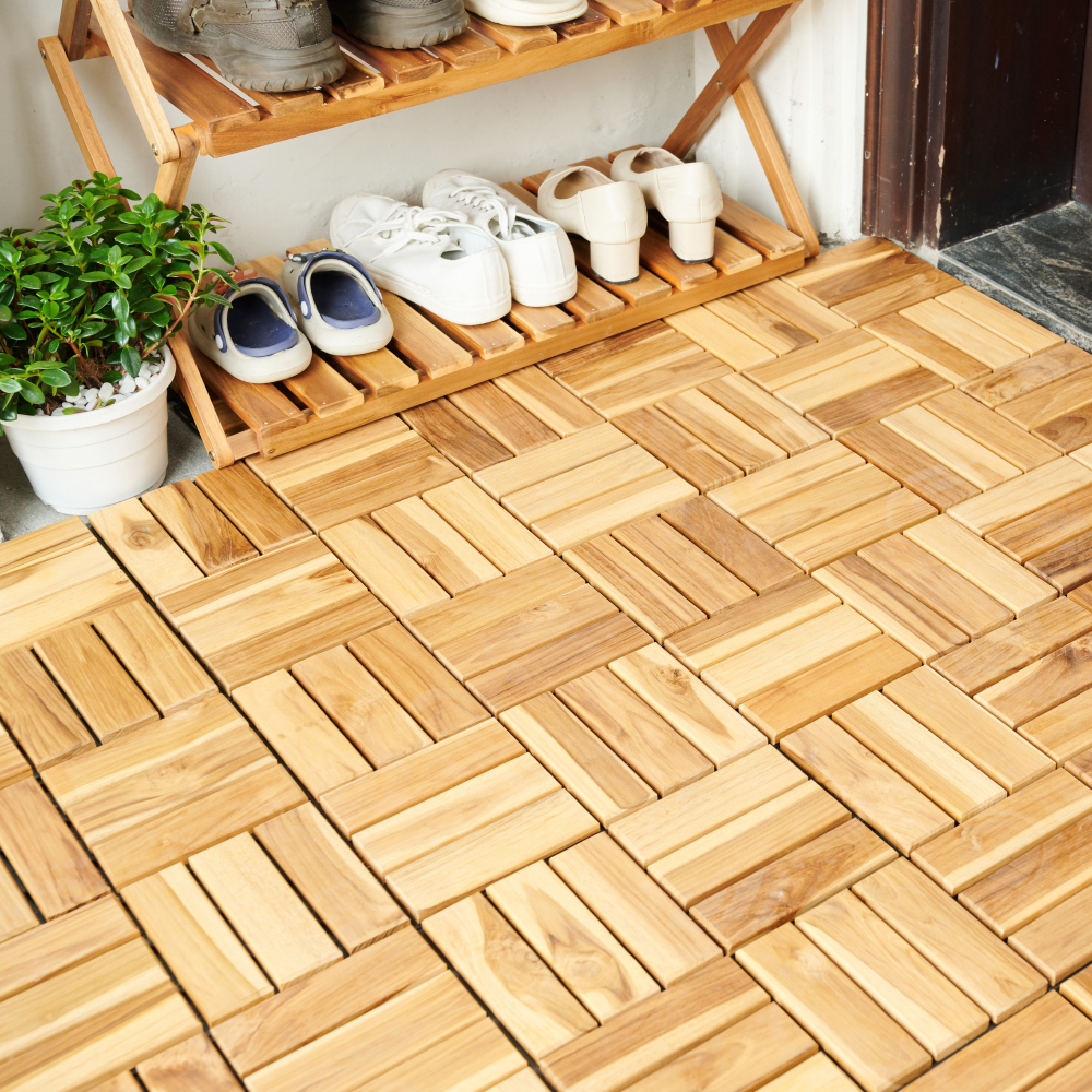 Chic Crate 10Pcs 12'' Yellow Acacia Hardwood Interlocking Deck Tiles – Checkerboard Pattern