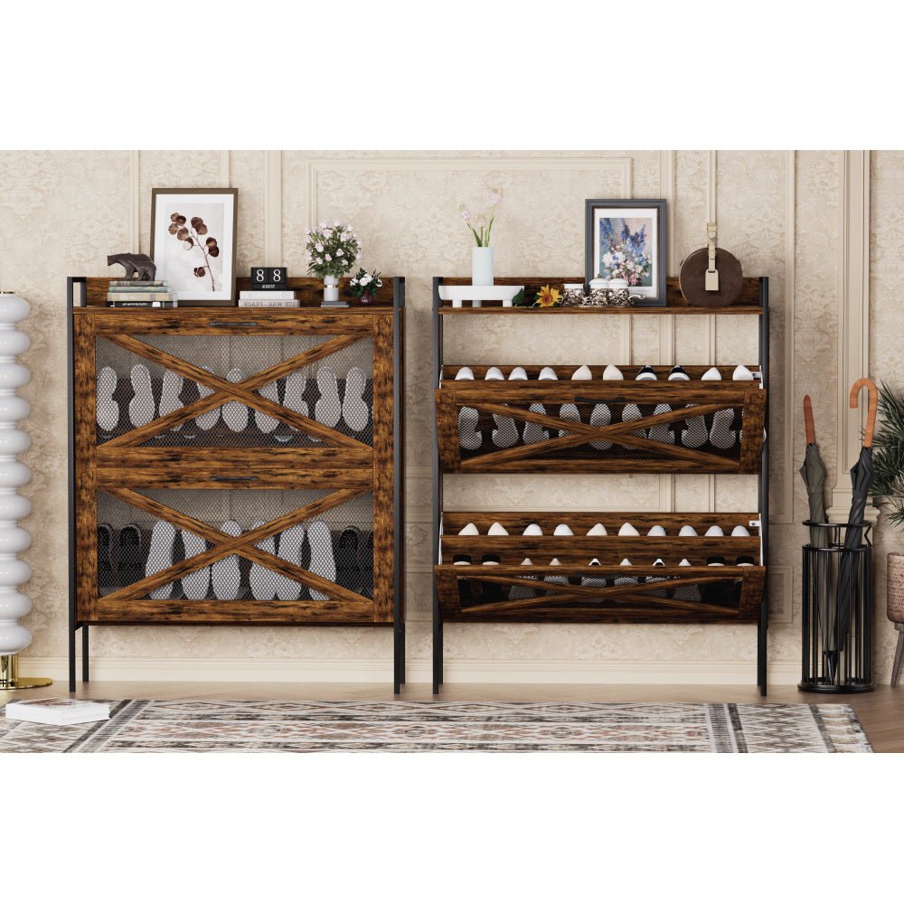 Chic Crate-2-Drawer Flip-Top Shoe Cabinet – Narrow | Entryway | Metal Legs | Rustic Brown | 31.5inx8.5inx39.5in