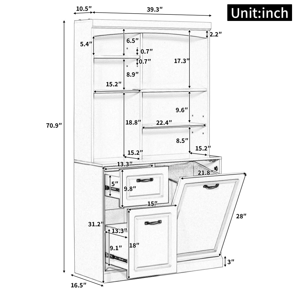 Chic Crate White Bathroom Tilt-Out Hamper Cabinet – 70.9" Tall Freestanding Organizer | Adjustable Shelves & Drawers | Steel Handles