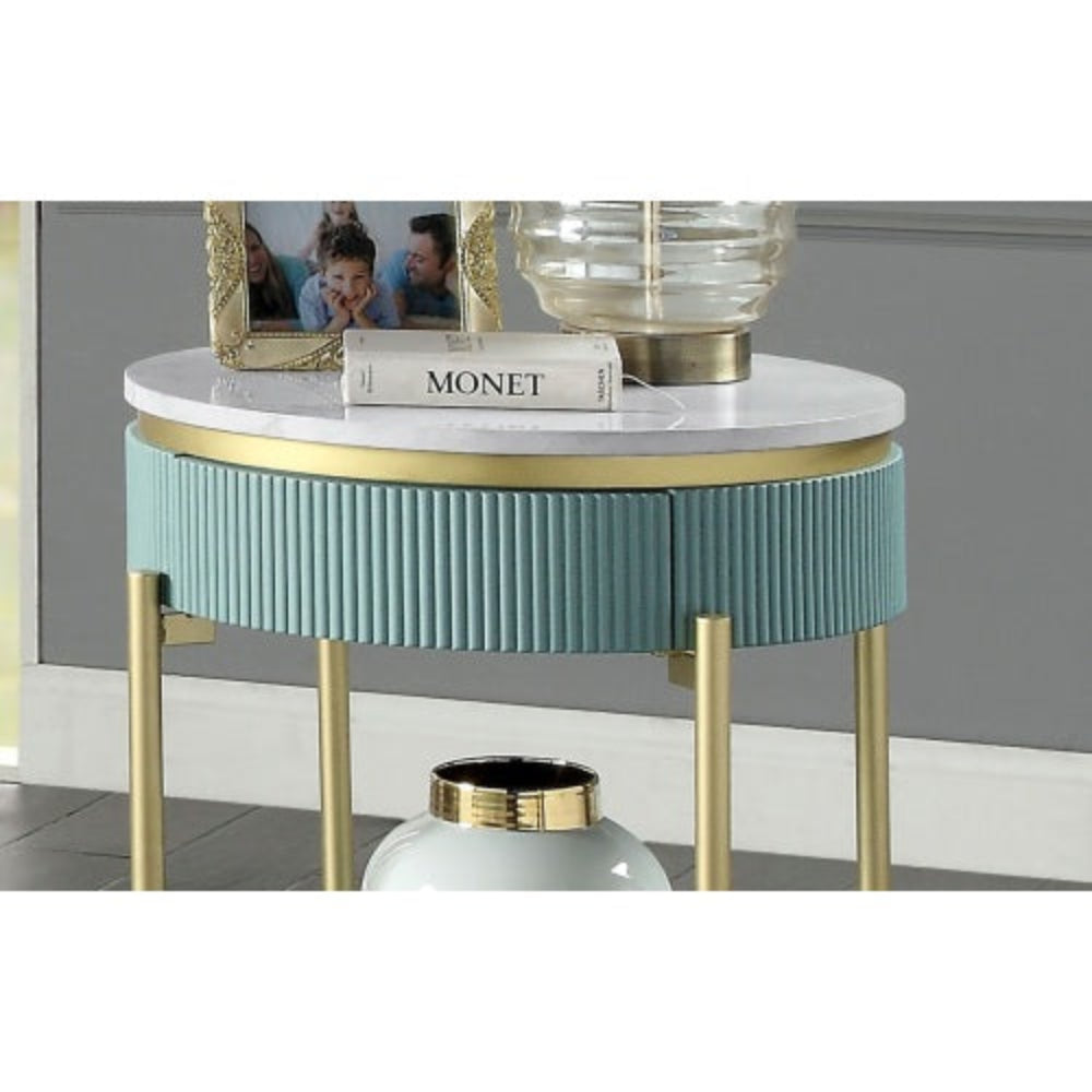 Round End Table, Light Teal with White Faux Marble Top, Matte Gold Steel Frame, Curved Reeded Panels, Concealed Storage Drawer & Open Bottom Shelf