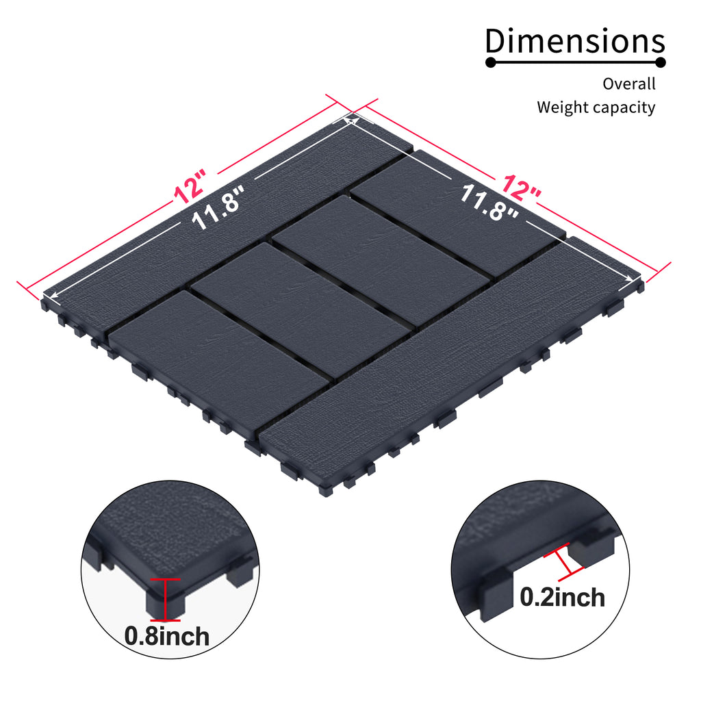 Chic Crate 44 Pack 12'' Interlocking Plastic Deck Tiles – Dark Gray, Waterproof
