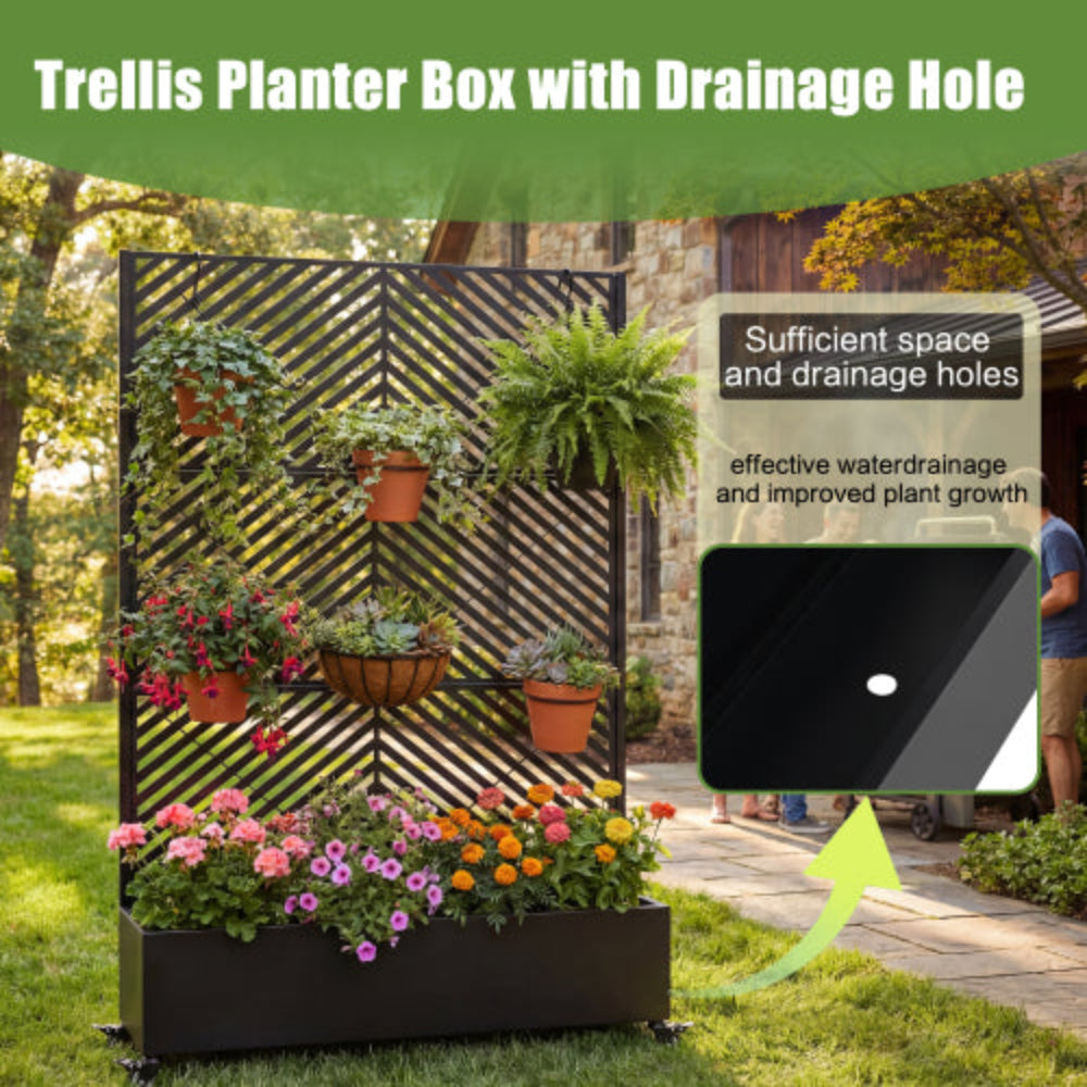 Metal Raised Garden Bed with Wheels, Privacy Screen Drainage Holes & Trellis 73"x47"x16" Planter Box for Outdoor Climbing Plants Vegetables Vines
