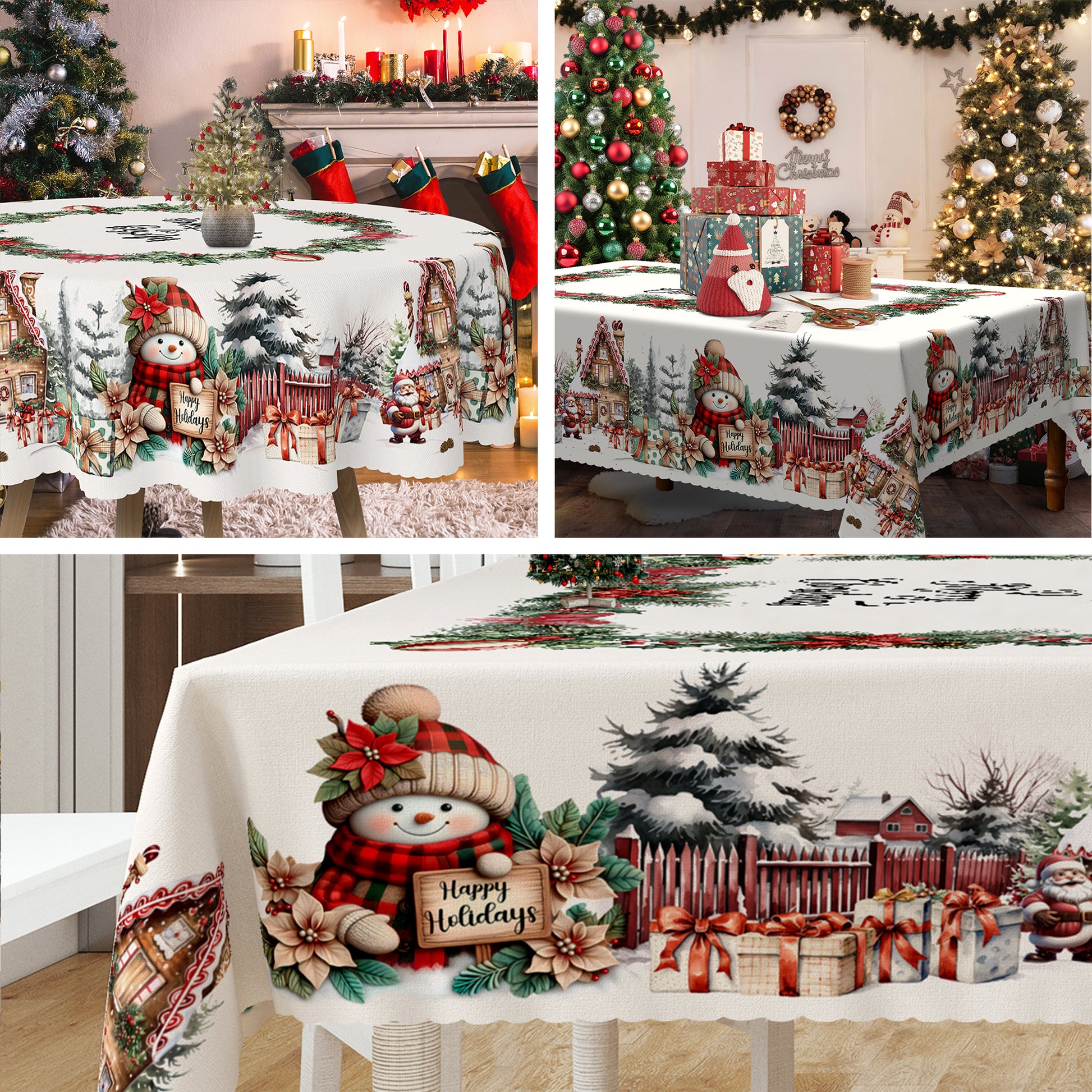 Christmas Tablecloth with Santa, elk and Wreath Designs, Dustproof Dining Table Cover for Holiday Decor