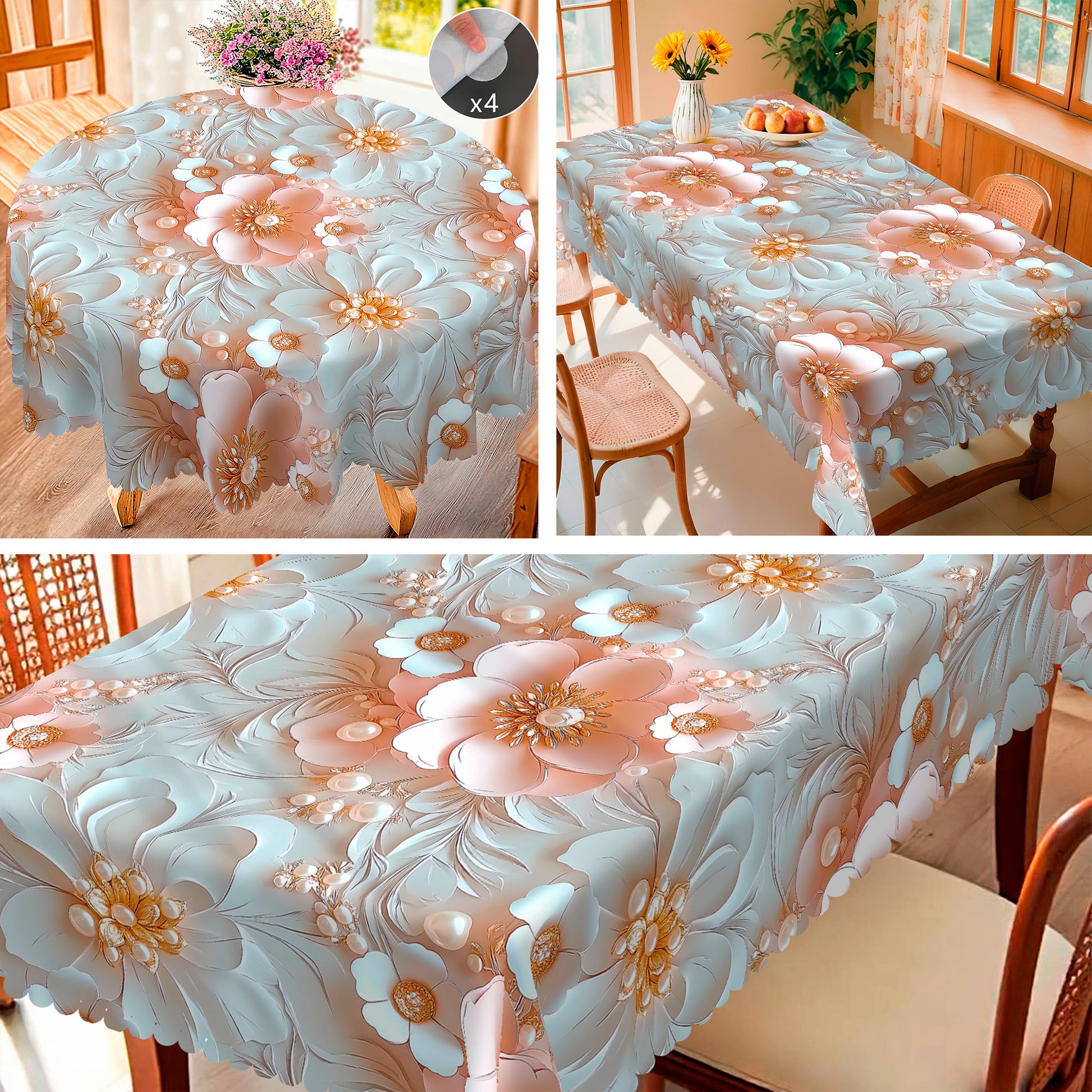 Floral Tablecloth with Colorful Flowers, Dustproof Easy-Care Dining Table Cover for Indoor Outdoor Use and Festive Home Decor