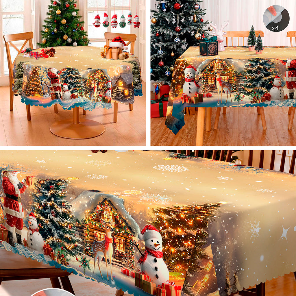 Christmas Tablecloth with Santa, Reindeer and Snowman Designs, Dustproof Dining Table Cover for Festive Holiday Decor