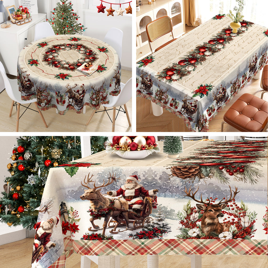 Christmas Tablecloth with Santa, elk and Wreath Designs, Dustproof Dining Table Cover for Holiday Decor