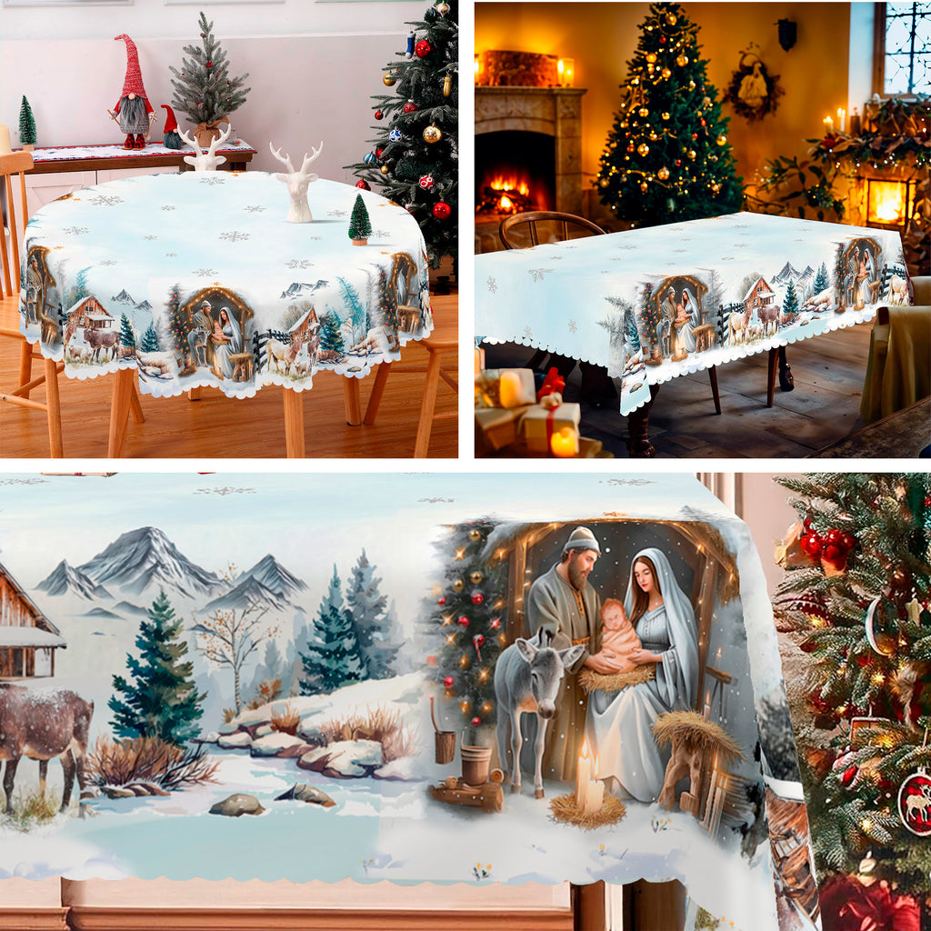 Christmas Tablecloth, Snowman Snowflake Stain-Resistant Dining Table Cover for Holiday Decor