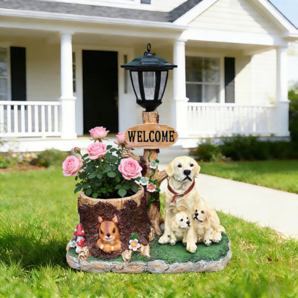 Labrador Dog Family Shaped Planter Statue with Gentle Design for Home Gardening Use